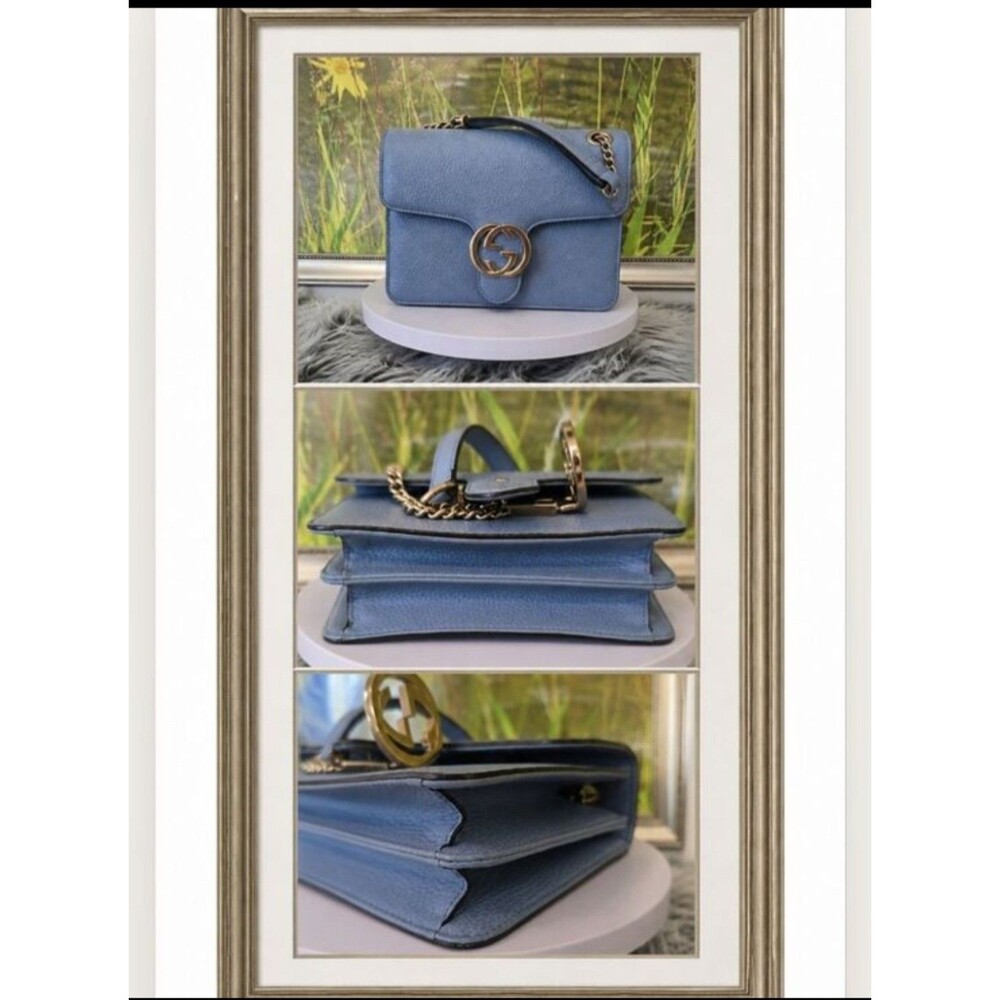 Authentic Gucci Interlocking GG Blue Pebbled Leather Crossbody Bag Gold Chain - Picture 10 of 12
